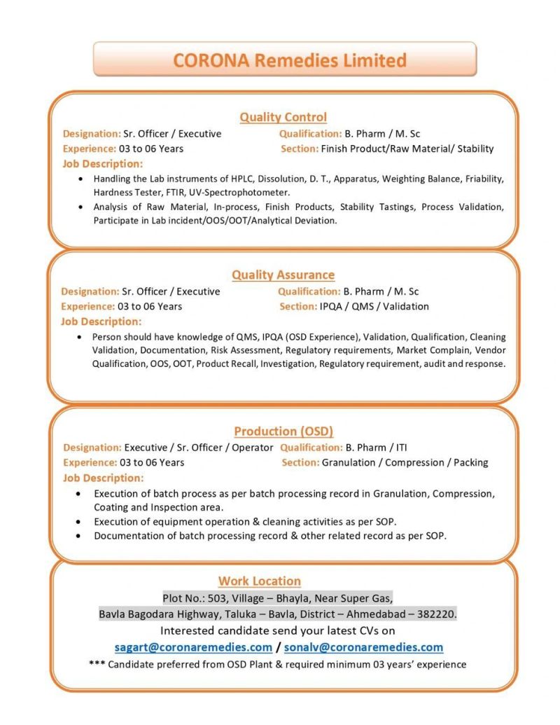 Corona Remedies Limited – Hiring For Quality Control, Quality Assurance & Production (OSD) || Apply Now