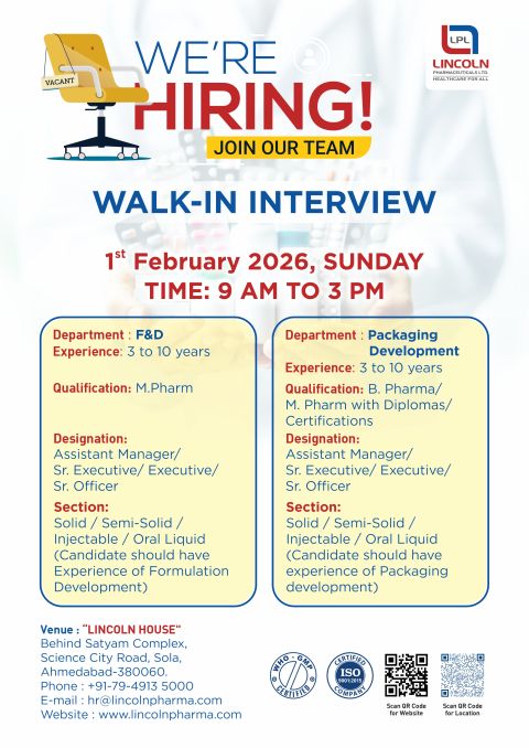 Lincoln Pharmaceuticals Ltd. โ Walk-In Interview For Multiple Departments on 01 February 2026