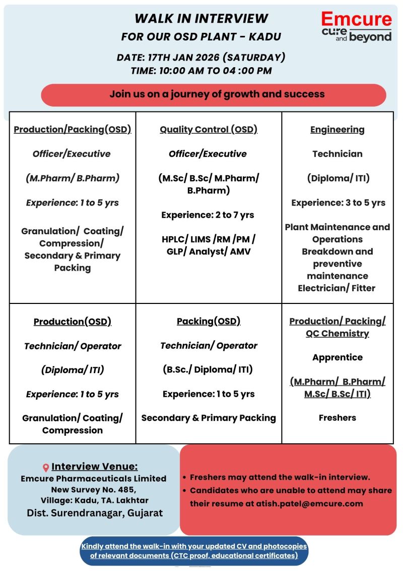 Emcure Pharmaceuticals Limited – Walk-In Interview For OSD Plant on 17 January 2026