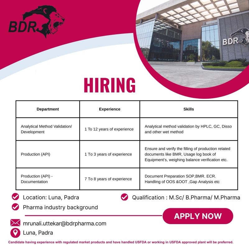 BDR Pharmaceuticals International Pvt. Ltd – Hiring For Multiple Departments || Apply Now