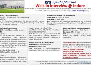 Ajanta Pharma Limited – Walk-In Interview For Multiple Departments on 17 January 2026