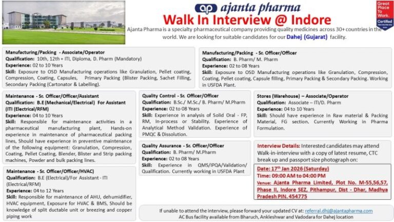 Ajanta Pharma Limited – Walk-In Interview For Multiple Departments on 17 January 2026