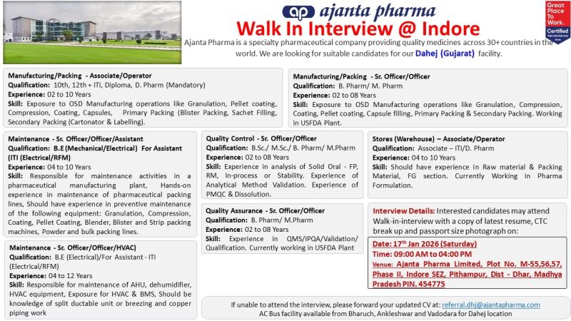 Ajanta Pharma Limited – Walk-In Interview For Multiple Departments on 17 January 2026