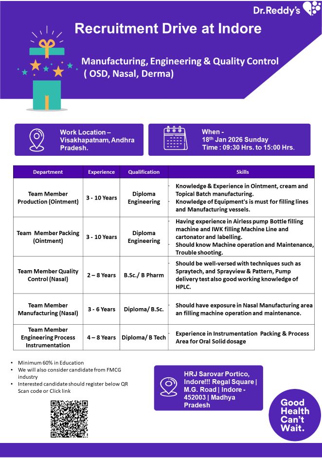Dr. Reddy’s Laboratories Ltd. – Recruitment Drive For Manufacturing, Engineering & Quality Control on 18 January 2026