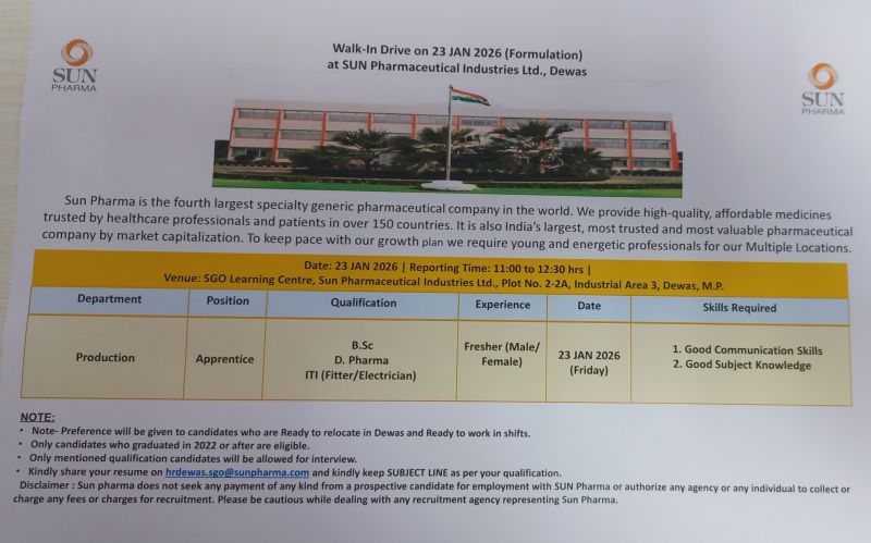 Sun Pharmaceutical Industries Ltd – Walk-In Interview For Production Apprentice on 23 January 2026