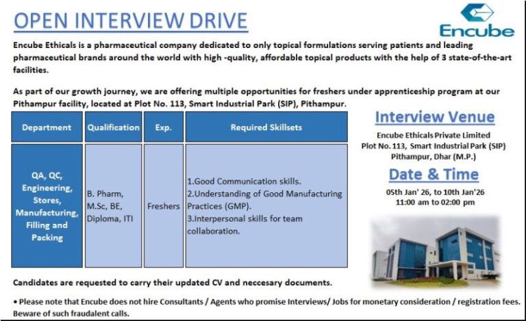 Encube Ethicals Pvt. Ltd – Walk-In Interview For Multiple Departments on 05 to 10 January 2026