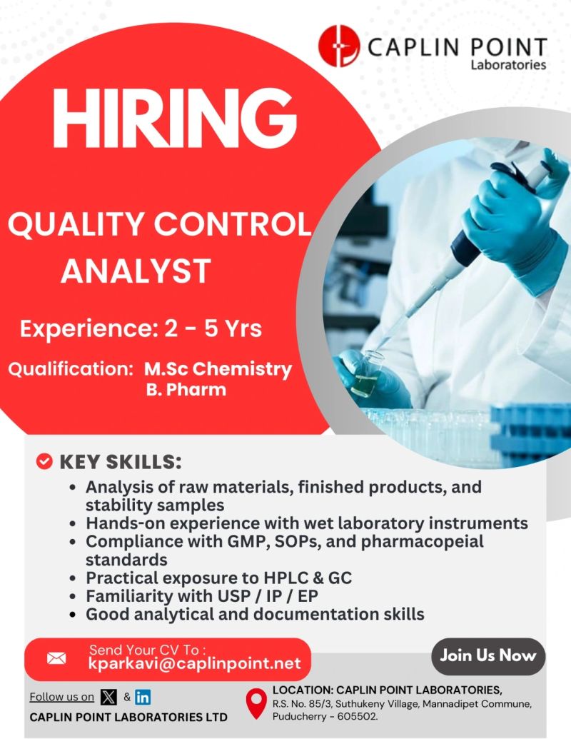 Caplin Point Laboratories – Hiring for Quality Control Analyst || Apply Now