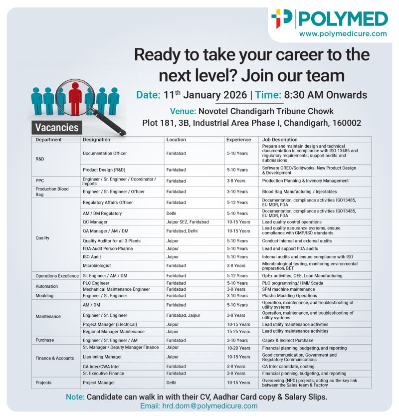 Poly Medicure Ltd – Walk-In Interview For Multiple Departments on 11 January 2026