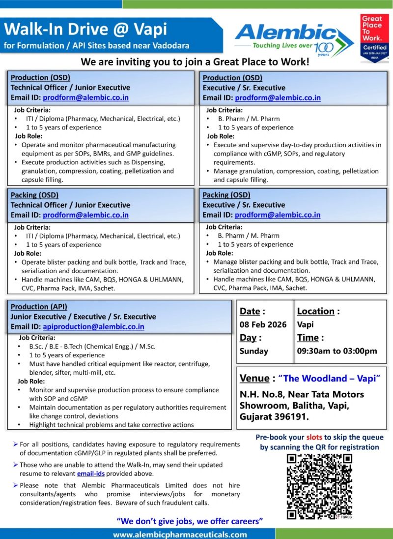 Alembic Pharmaceuticals Ltd – Walk-In Interview For Multiple Departments on 08 February 2026