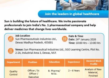 Sun Pharmaceutical Industries Ltd. – Walk-In Interview For Quality Control Department on 24 January 2026