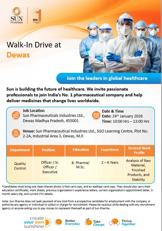 Sun Pharmaceutical Industries Ltd. โ Walk-In Interview For Quality Control Department on 24 January 2026