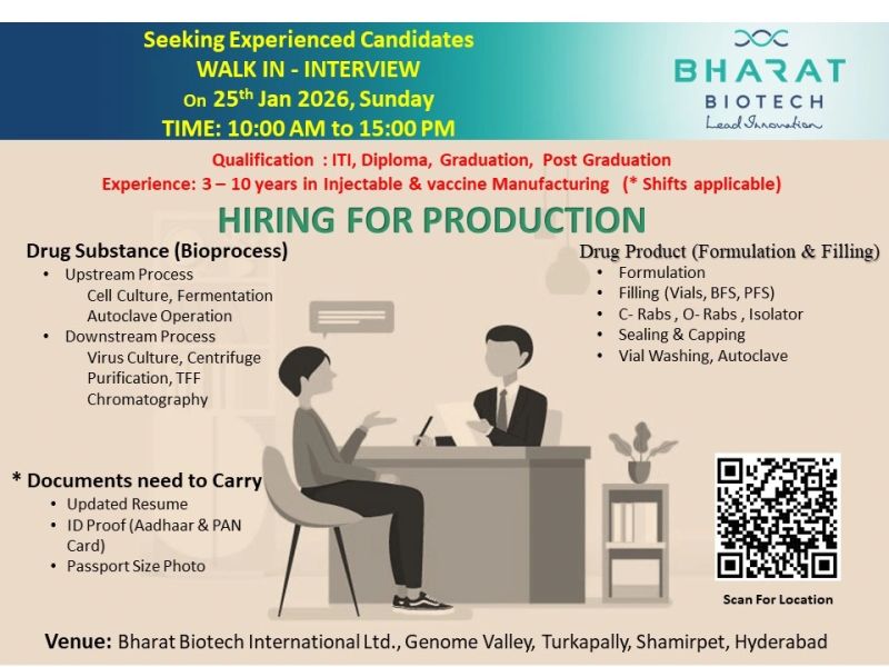 Bharat Biotech International Limited – Walk-In Interview For Production Department on 25 January 2026