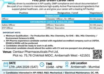 Centaur Pharmaceuticals Pvt. Ltd – Walk-In Interview For Multiple Departments on 17 January 2026