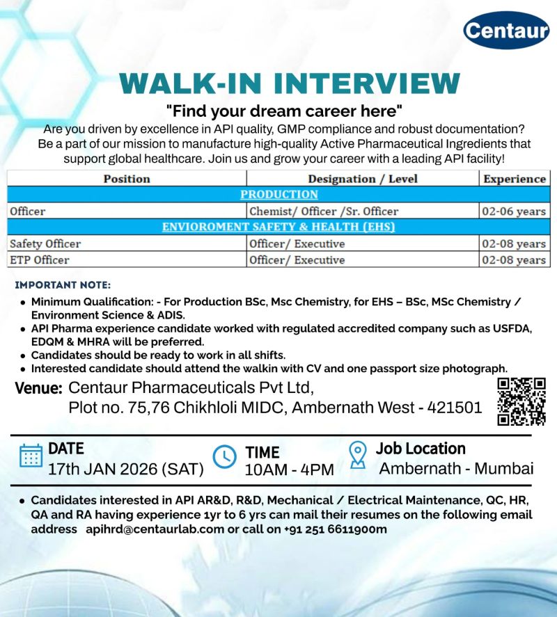Centaur Pharmaceuticals Pvt. Ltd – Walk-In Interview For Multiple Departments on 17 January 2026