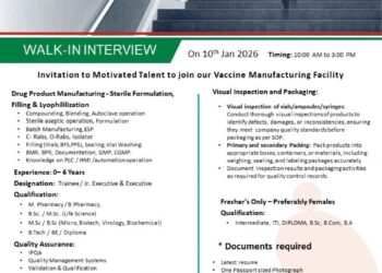 Chiron Behring Vaccines Pvt. Ltd – Walk-In Interview for Multiple Departments on 10 January 2026