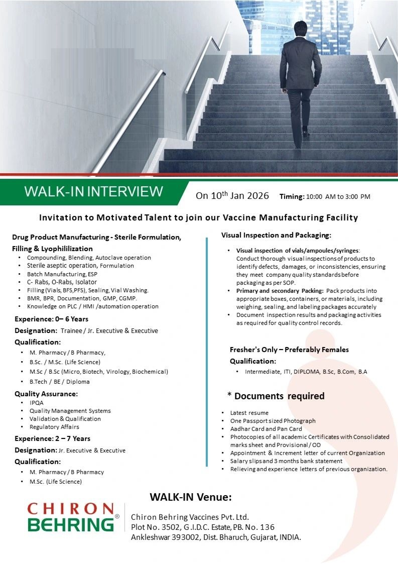 Chiron Behring Vaccines Pvt. Ltd – Walk-In Interview for Multiple Departments on 10 January 2026