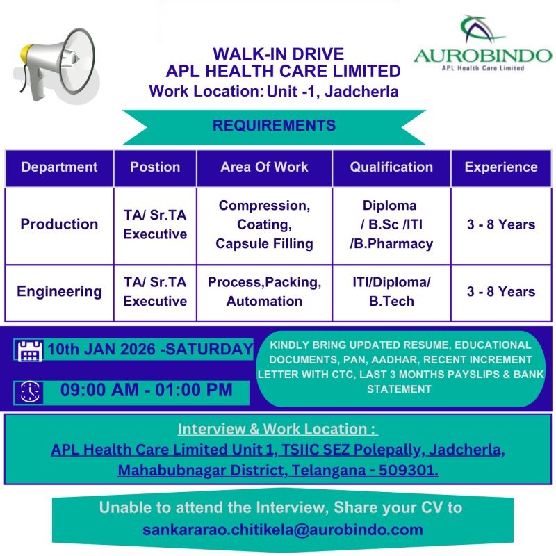 APL Health Care Limited – Walk-In Interview for Production & Engineering Departments on 10 January 2026