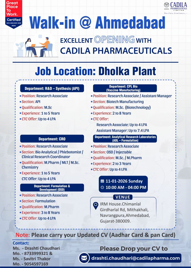 Cadila Pharmaceuticals – Walk-In Interview for Multiple Openings on 11th January 2026