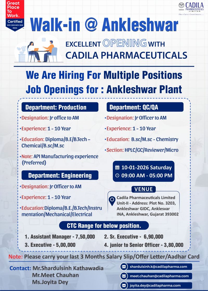 Cadila Pharmaceuticals Ltd – Walk-In Interview for Multiple Positions on 10 January 2026
