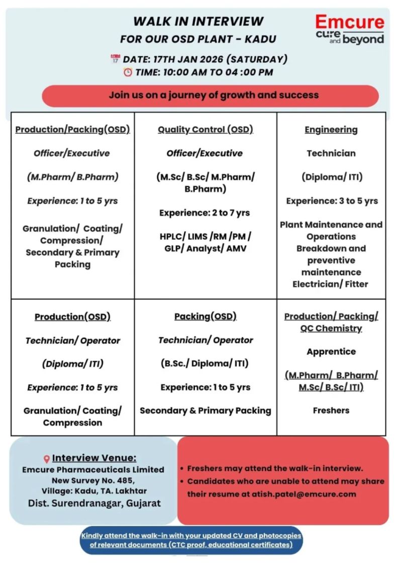 Emcure Pharmaceuticals Limited – Walk-In Interview For Multiple Departments on 17 January 2026