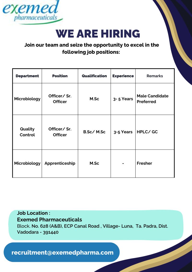 Exemed Pharmaceuticals โ Hiring for Microbiology & Quality Control Roles || Apply Now