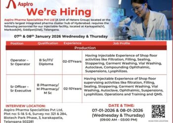 Aspiro Pharma Specialities Pvt Ltd – Walk-In Interview For Multiple Departments on 07 & 08 January 2026