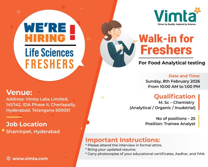 Vimta Labs Limited โ Walk-In Interview For Freshers on 08 February 2026