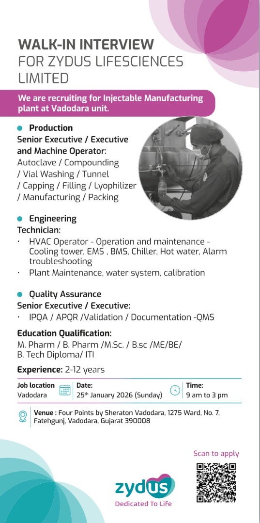 Zydus Lifesciences Limited – Walk-In Interview For Multiple Departments on 25 January 2026