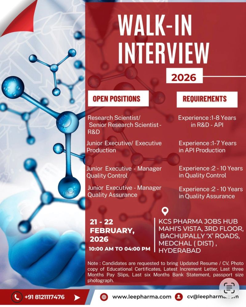 Lee Pharma Limited – Walk-In Interview For Multiple Departments on 21–22 February 2026