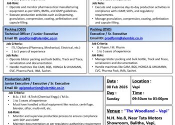 Alembic Pharmaceuticals Limited – Walk-In Drive at Vapi for Production & Packing on 08 February 2026