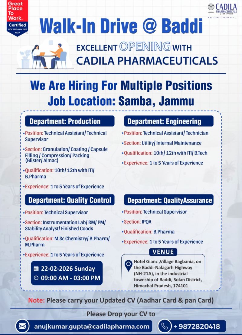 Cadila Pharmaceuticals Limited – Walk-In Interview For Multiple Departments on 22 February 2026