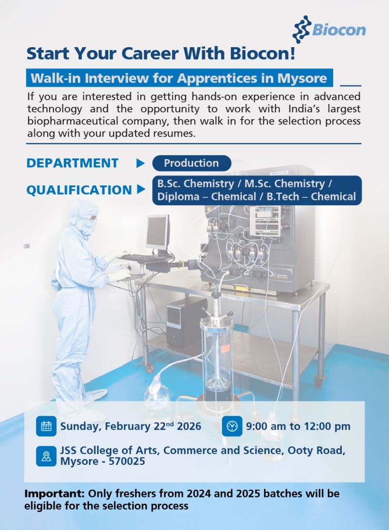Biocon Limited – Walk-In Interview For Apprentices in Production on 22 February 2026