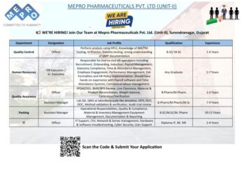Mepro Pharmaceuticals Pvt. Ltd – Hiring for Multiple Departments | Apply Now