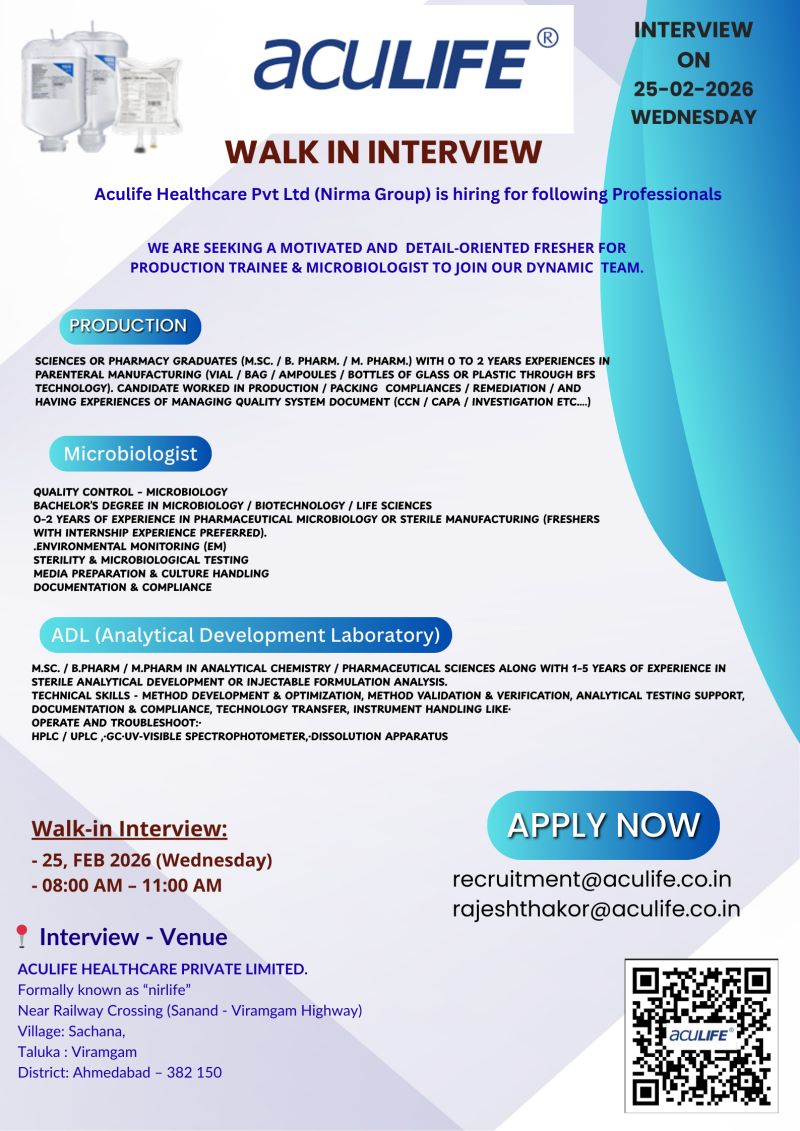 Aculife Healthcare Pvt Ltd – Walk-In Interview For Production, Microbiologist & ADL on 25 February 2026