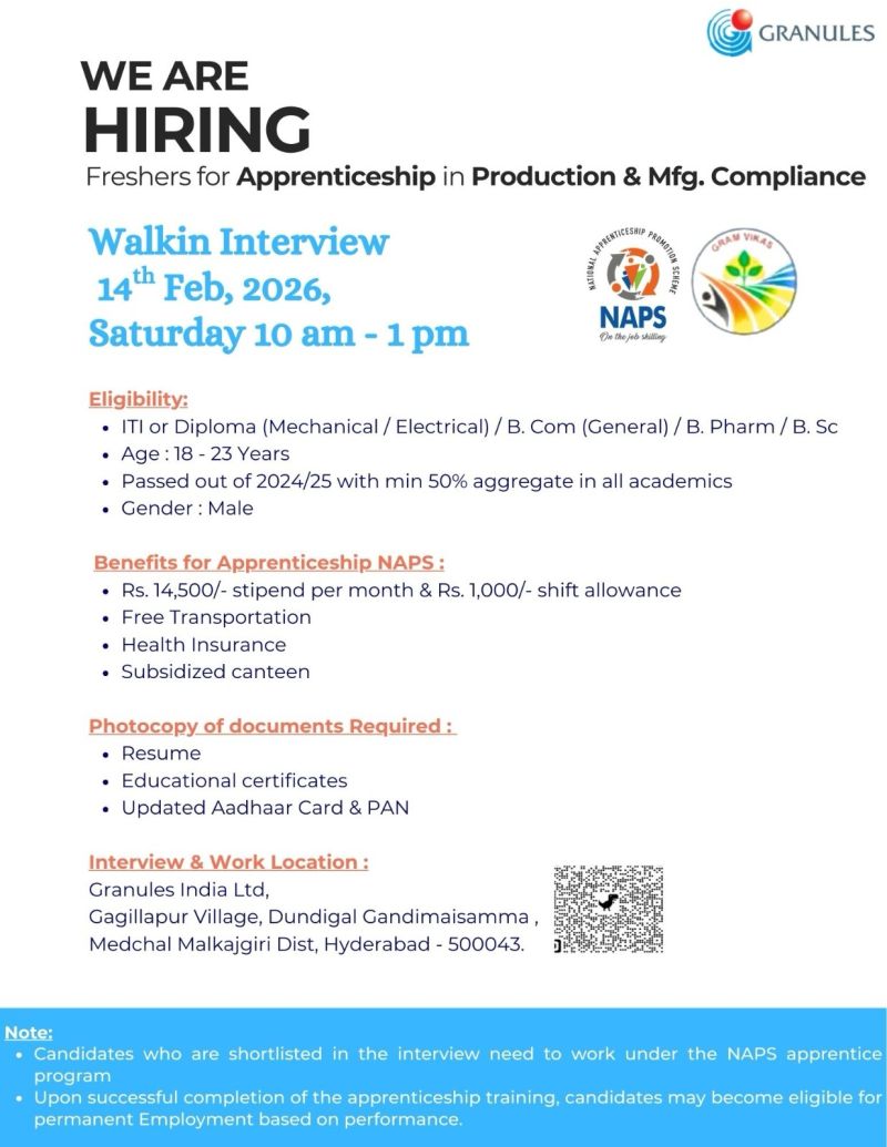 Granules India Ltd – Walk-In Interview For Apprenticeship in Production & Manufacturing Compliance on 14 February 2026