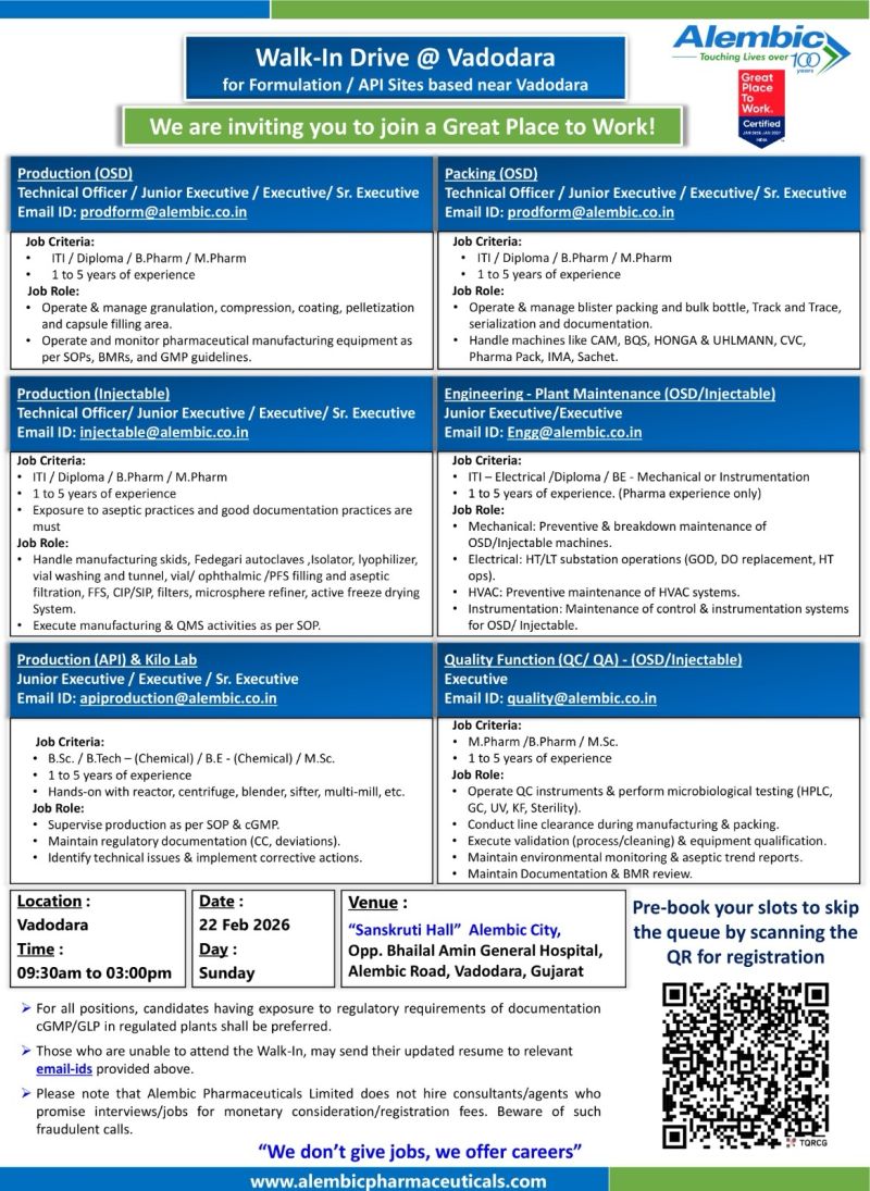 Alembic Pharmaceuticals Limited – Walk-In Interview For Multiple Departments on 22 February 2026
