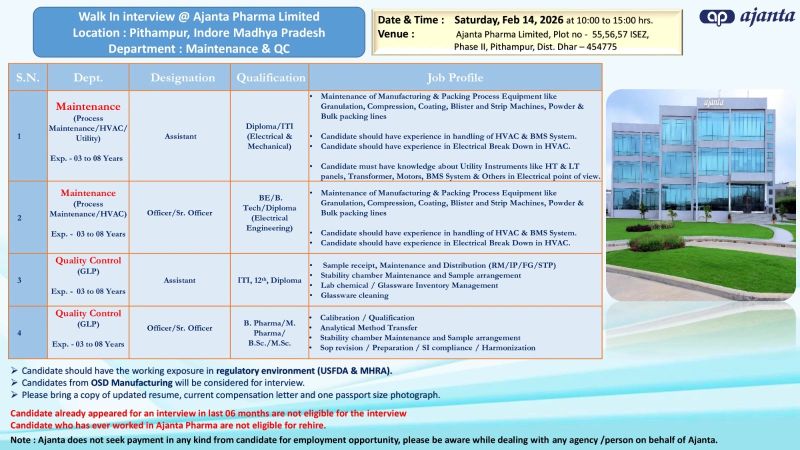 Ajanta Pharma Limited – Walk-In Interview For Multiple Departments on 14 February 2026