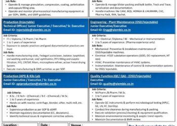 Alembic Pharmaceuticals Limited – Walk-In Interview For Multiple Departments on 22 February 2026