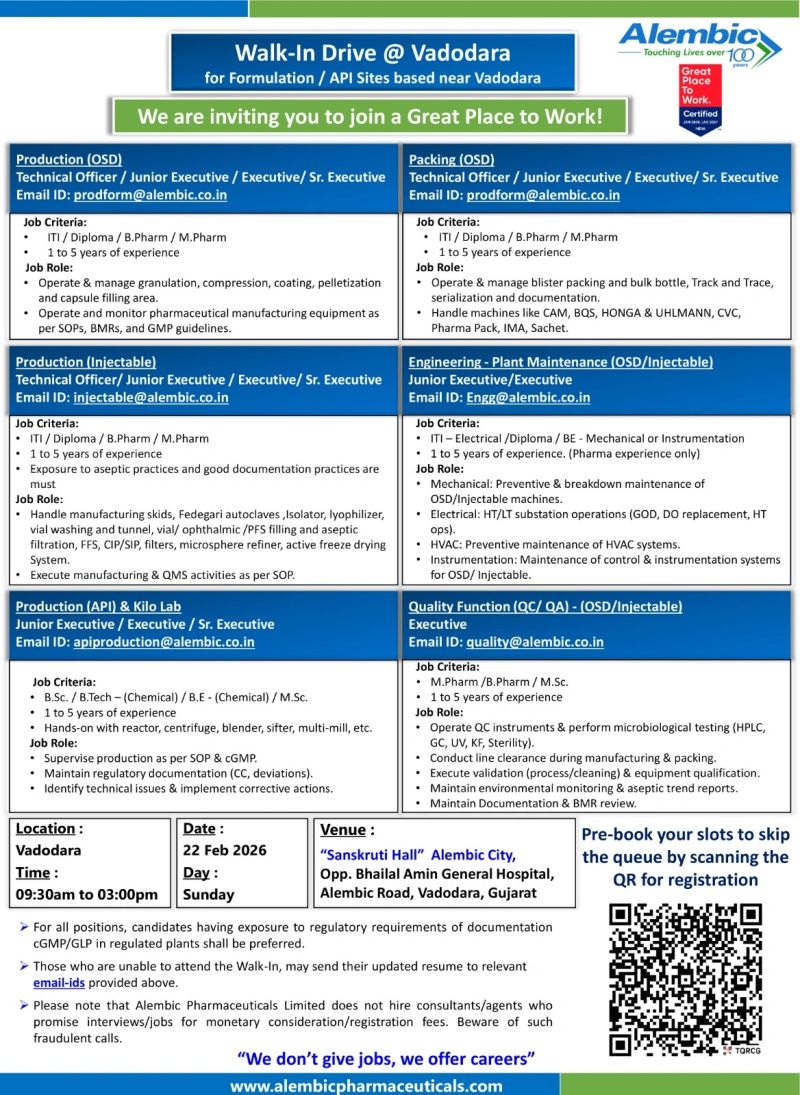 Alembic Pharmaceuticals Limited – Walk-In Interview For Multiple Departments on 22 February 2026