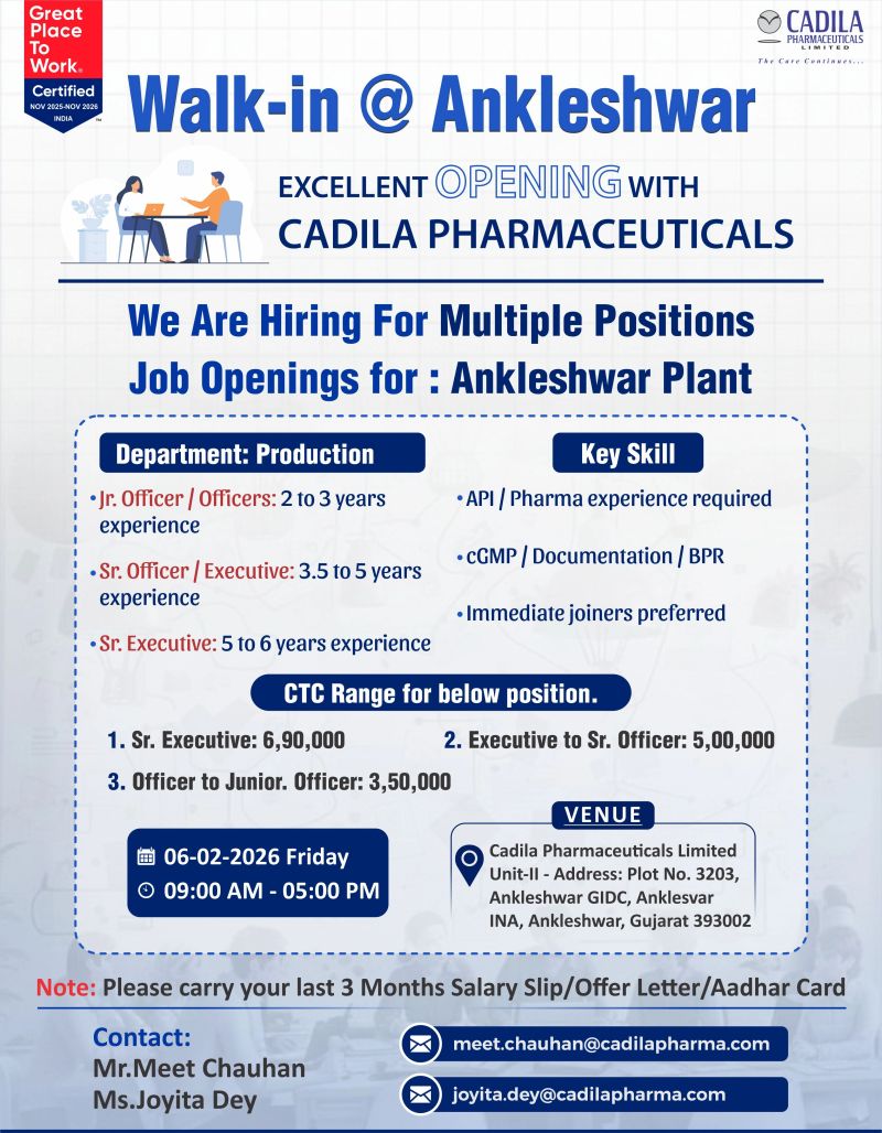 Cadila Pharmaceuticals Limited – Walk-In Interview For Multiple Departments on 06 February 2026