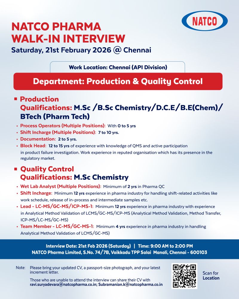 NATCO Pharma Limited – Walk-In Interview For Production & Quality Control on 21 February 2026