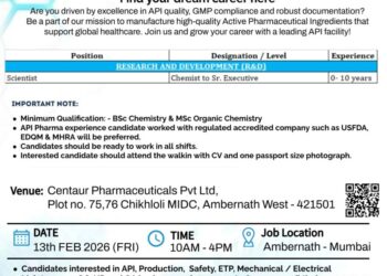Centaur Pharmaceuticals Pvt. Ltd – Walk-In Interview For Multiple Departments on 13 February 2026