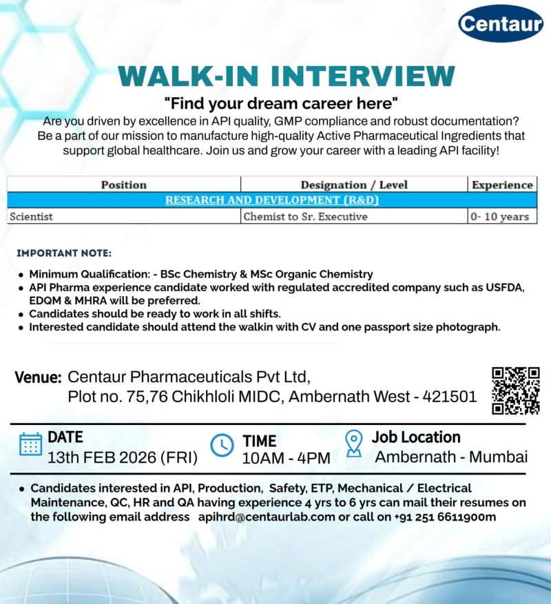 Centaur Pharmaceuticals Pvt. Ltd – Walk-In Interview For Multiple Departments on 13 February 2026