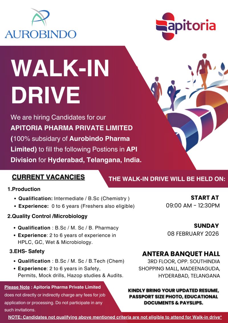 Apitoria Pharma Private Limited – Walk-In Interview For Multiple Departments on 08 February 2026