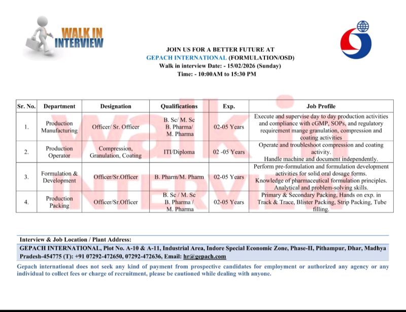 Gepach International – Walk-In Interview For Multiple Departments on 15 February 2026