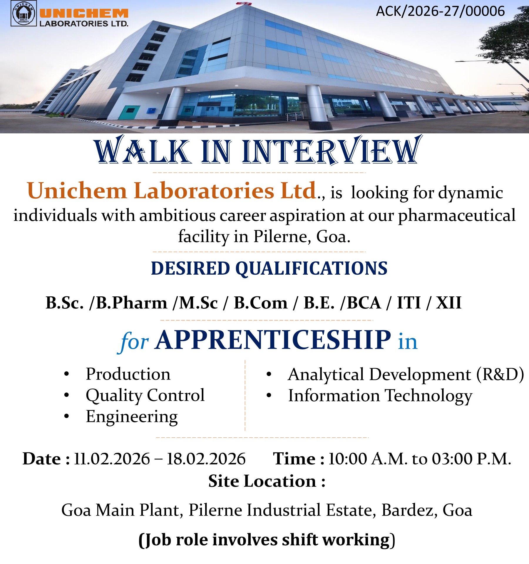 Unichem Laboratories Ltd – Walk-In Interview For Multiple Departments on 11–18 February 2026