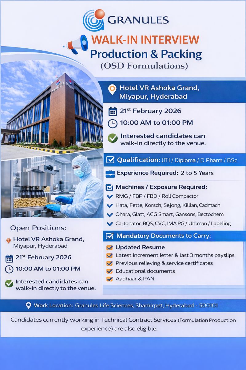 Granules India Limited – Walk-In Interview For Production & Packing (OSD Formulations) on 21 February 2026