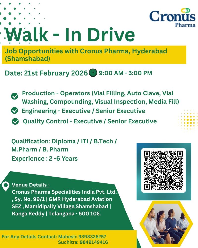 Cronus Pharma Specialities India Pvt. Ltd. – Walk-In Interview For Multiple Departments on 21 February 2026