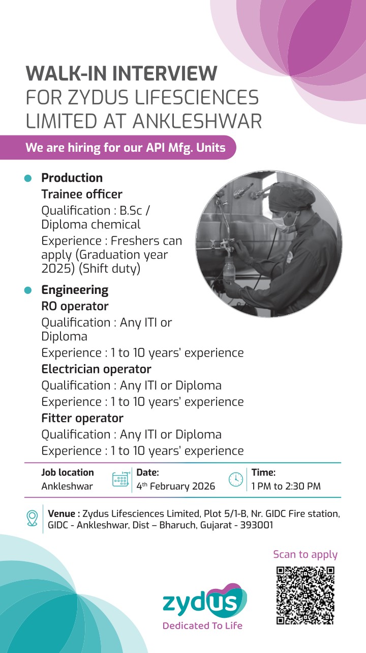 Zydus Lifesciences Limited – Walk-In Interview For API Manufacturing Units on 04 February 2026
