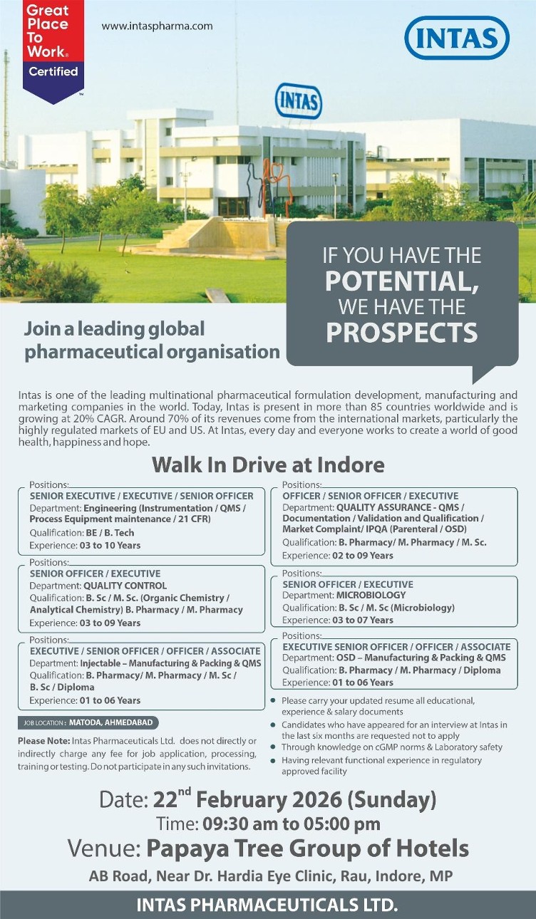Intas Pharmaceuticals Ltd – Walk-In Interview For Multiple Departments on 22 February 2026